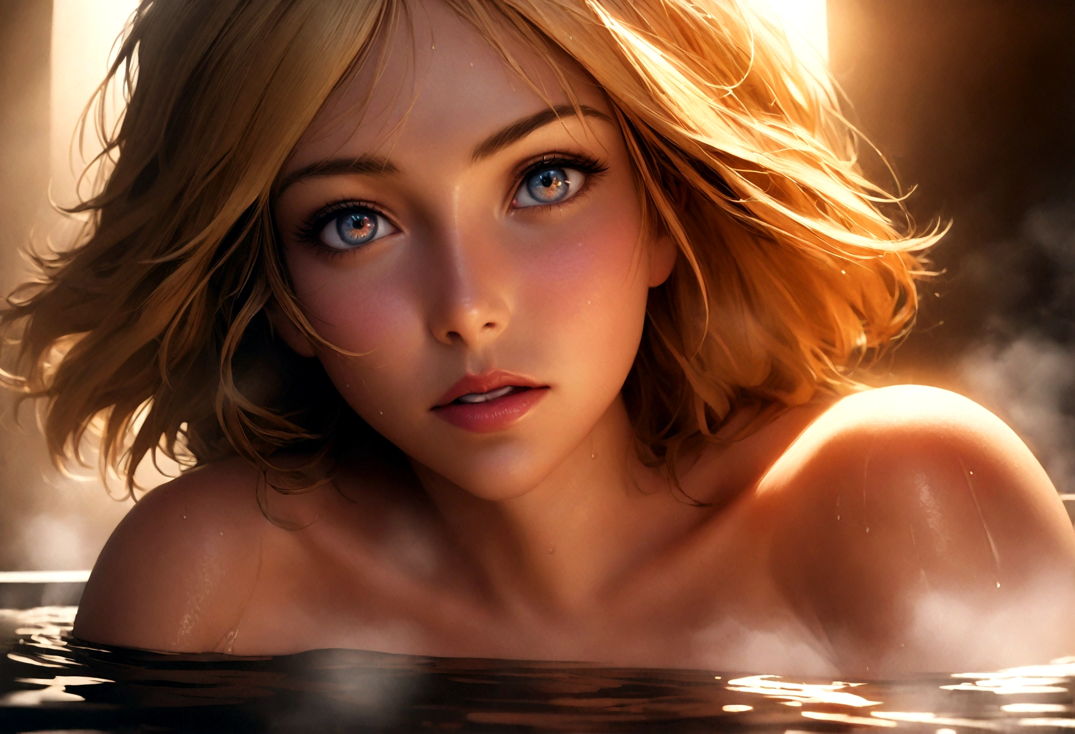 1girl, sayla mass from gundam, taking a bath, blonde, detailed face, beautiful detailed eyes, beautiful detailed lips, extremely detailed face and eyes, long eyelashes, warm bath water, steam, relaxed expression, high quality, 8k, photorealistic, masterpiece, digital painting, studio lighting, vibrant colors, cinematic lighting, dramatic lighting
