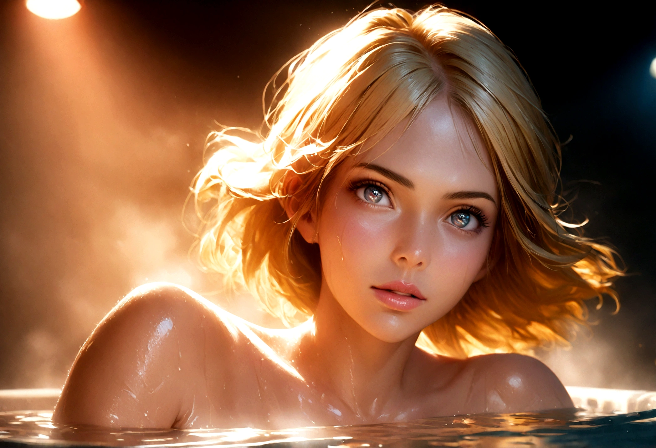 1girl, sayla mass from gundam, taking a bath, blonde, detailed face, beautiful detailed eyes, beautiful detailed lips, extremely detailed face and eyes, long eyelashes, warm bath water, steam, relaxed expression, high quality, 8k, photorealistic, masterpiece, digital painting, studio lighting, vibrant colors, cinematic lighting, dramatic lighting