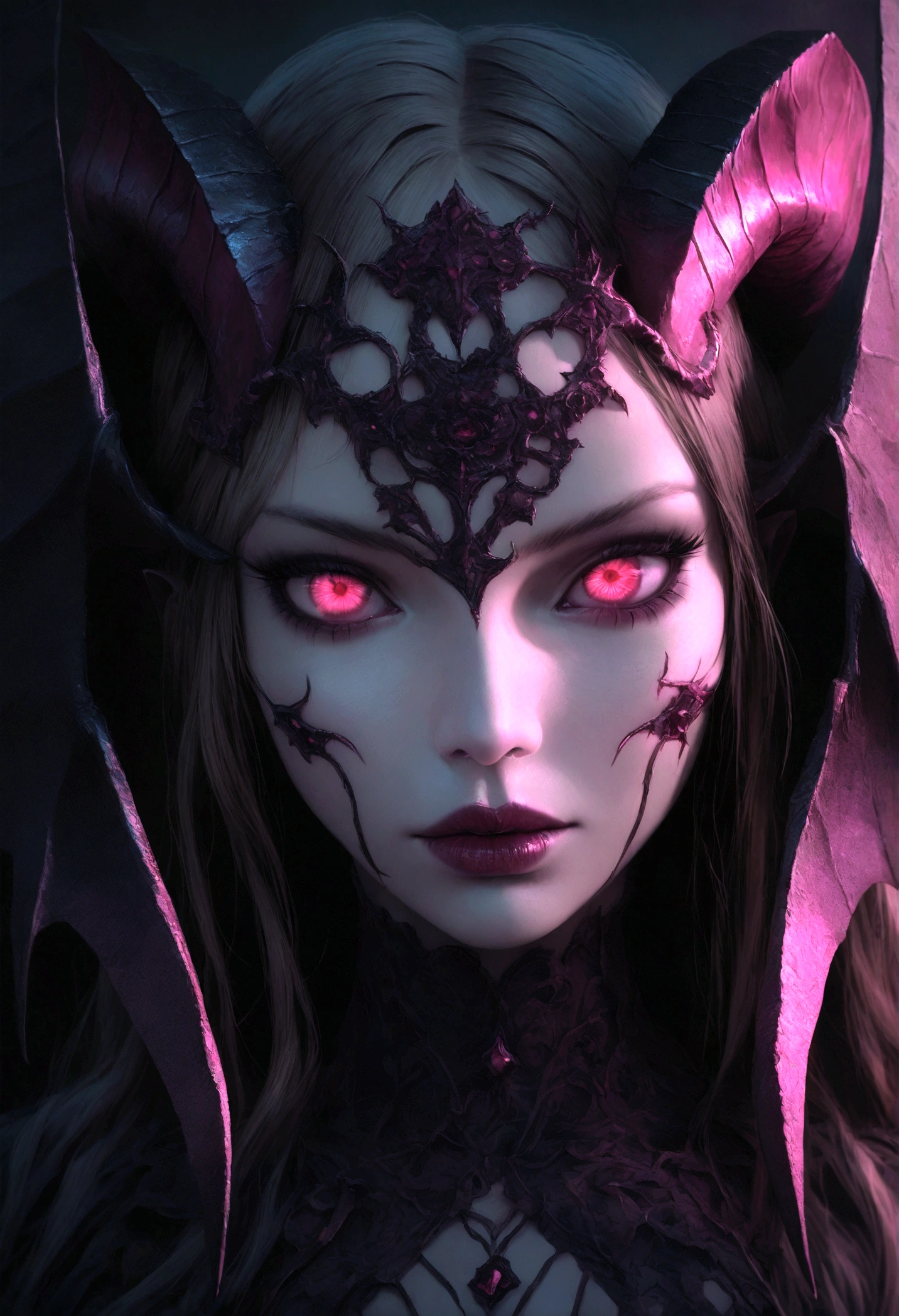 close up portrait of a succubus, beautiful detailed eyes, beautiful detailed lips, extremely detailed face, piercing eyes, alluring succubus, demonic features, horns, dark fantasy, gothic, chiaroscuro lighting, dramatic contrast, moody atmosphere, glowing skin, mesmerizing gaze, intricate details, cinematic composition, hyperrealistic, 8k, highly detailed, masterpiece