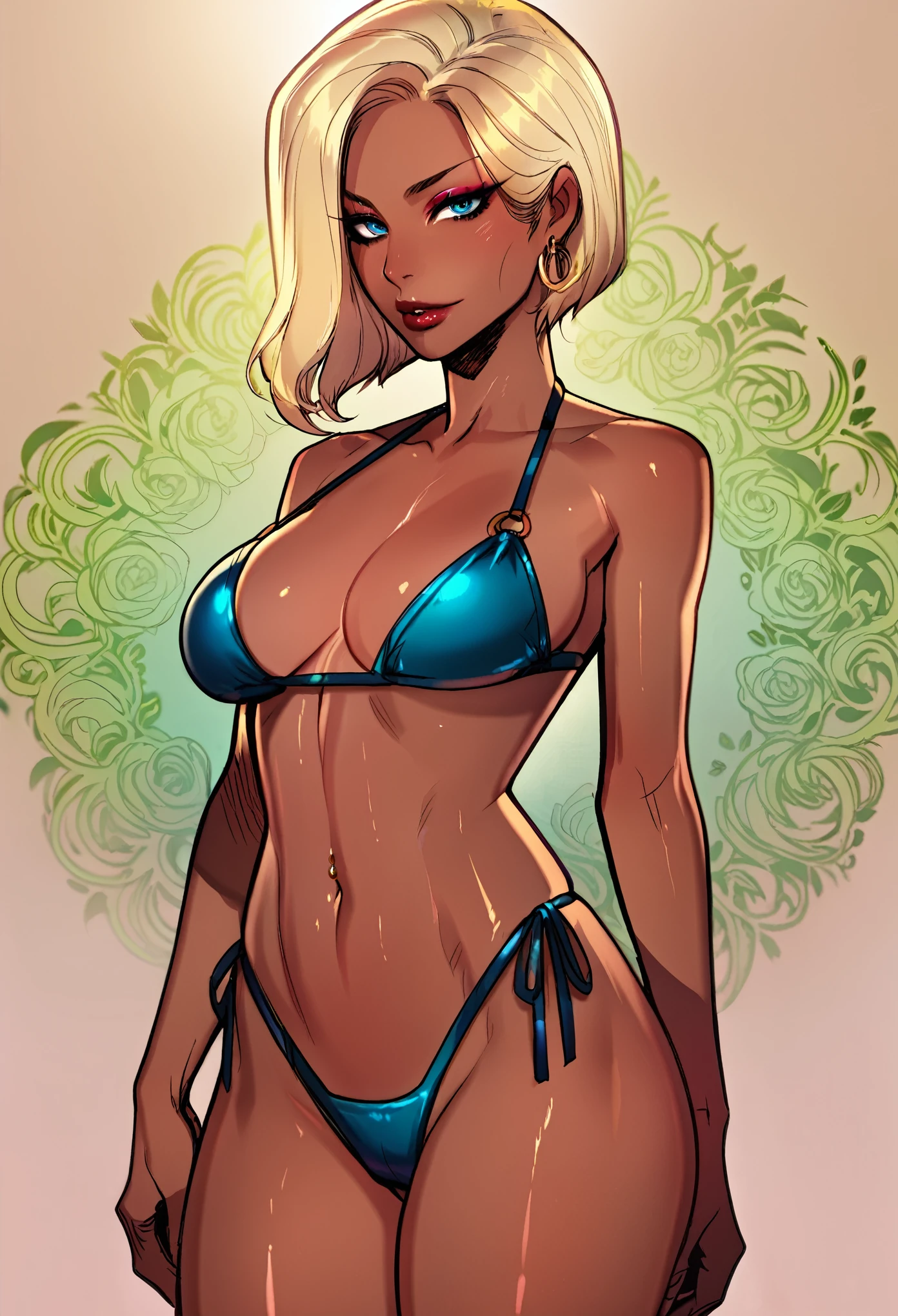 score_9, score_8_up, score_7_up, score_6_up, score_5_up, score_4_up, BREAK 1girl, intricate, bikini , (eyeliner:1.2), looking at viewer, bob hairstyle, blonde, brown skin, jewelry, detailed background, breasts (masterpiece, high quality:1),
