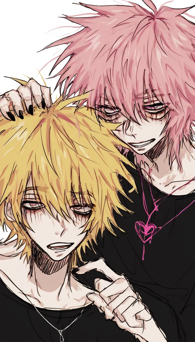 2boys, blonde, pink hair, sketchy lines, grunge, messy hair, whole body
