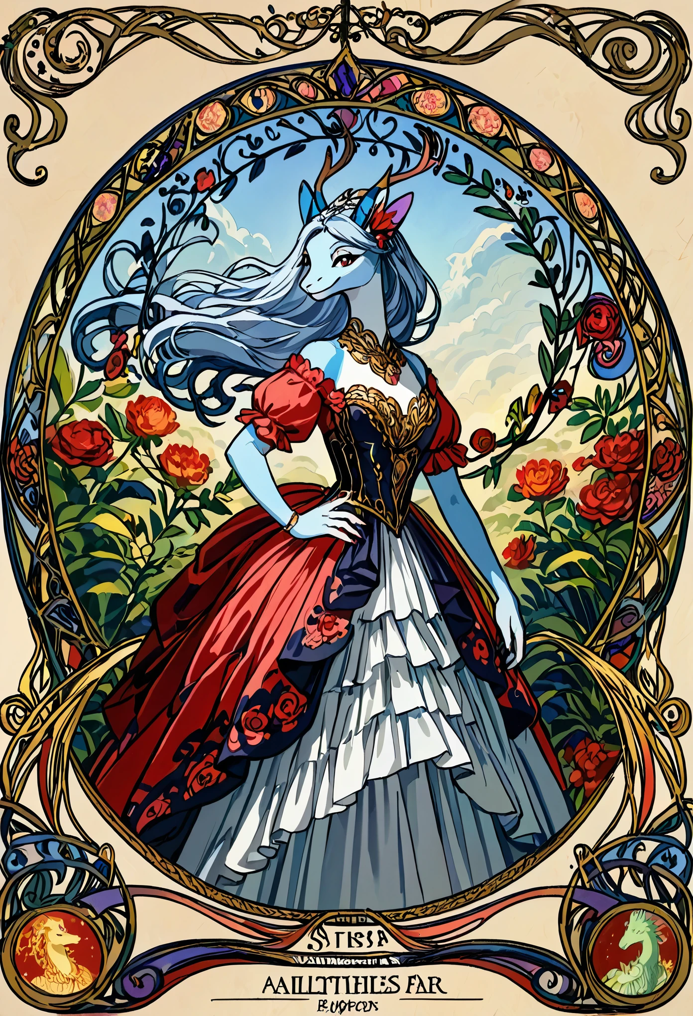 cover page, highres, top quality, best quality, paid reward available, unparalleled masterpiece, perfect artwork, absurdres, High-quality illustrations by Alphonse Mucha, art nouveau, Delicate and elegant linework, flowing hair, Flowing Dresses, Curvilinear lines, Decoration with plant motifs, Geometric decoration, Poetic atmosphere, Rich colors, Dreamy, mystical, Tarot Card(In the forest where the stream flows, Backlighting)perfect anatomy(Furry, Solo focus, Dress, Long Globe)(furry anthro:1.7)((furry body, Facial features of dragon,  Features of the doragon's body))All over body, Archaic Smile (portrait),