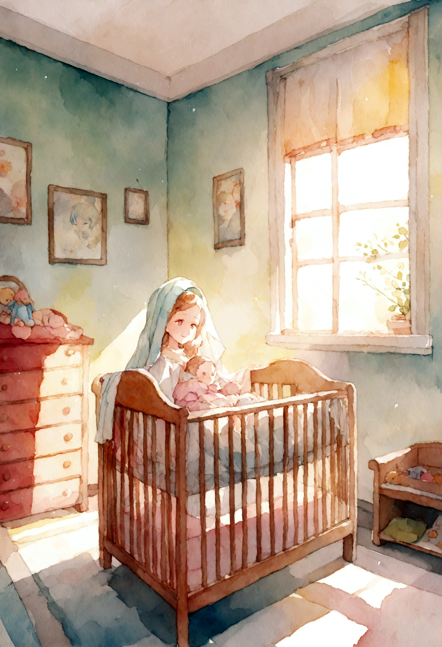 A beautiful watercolor painting of a &#39;s room with her crib.