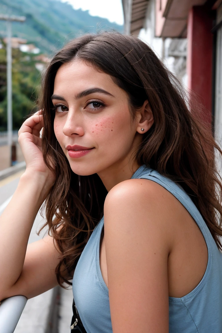 8k UHD, alta calidad , foto ultra realista cruda, professional photography , filmada con una Canon EOS 5D , Una mujer de tez blanca, con pecas, who has wavy brown hair, light brown eye color, con nariz respingada, labios gruesos y rosados. y que el fondo de la imagen sea la comuna 13 de Medellin colombia como si estuviera de viaje, y que la toma sea de cuerpo completo y ella esta en una pose casual