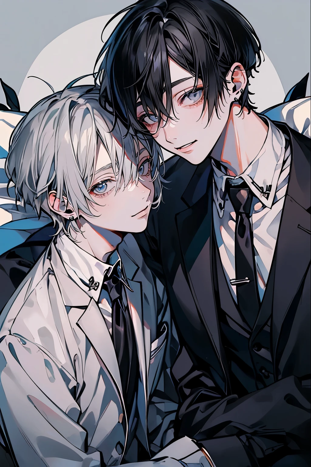 (Mastepiece), (Best Quality), Very detailed, ((Two intimate men:1.5)), Perfect Face, Beautiful Face, Very detailedな顔，(Black-haired man:1.3)，(Grey-haired man:1.3)、suit、(smile:1.2)