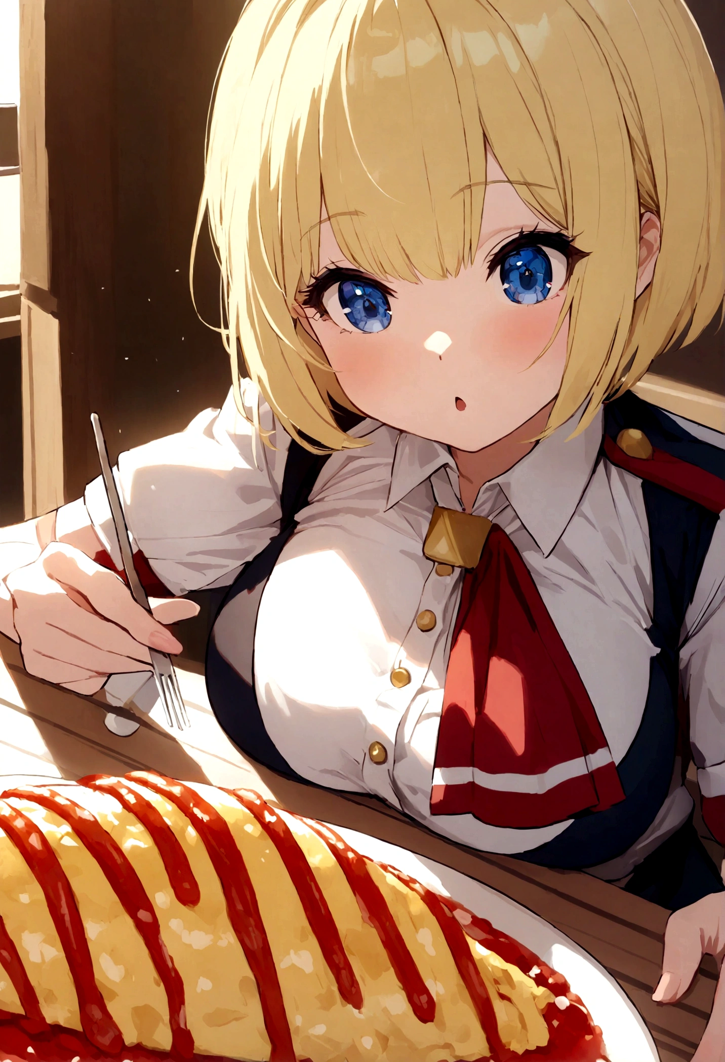 Eat omurice at a restaurant (Original uniform), (), (blonde:1.5)(eyelash:1.2) (Short Bob Hair:1.4), (Blue eyes)(Big Breasts:1.3)
