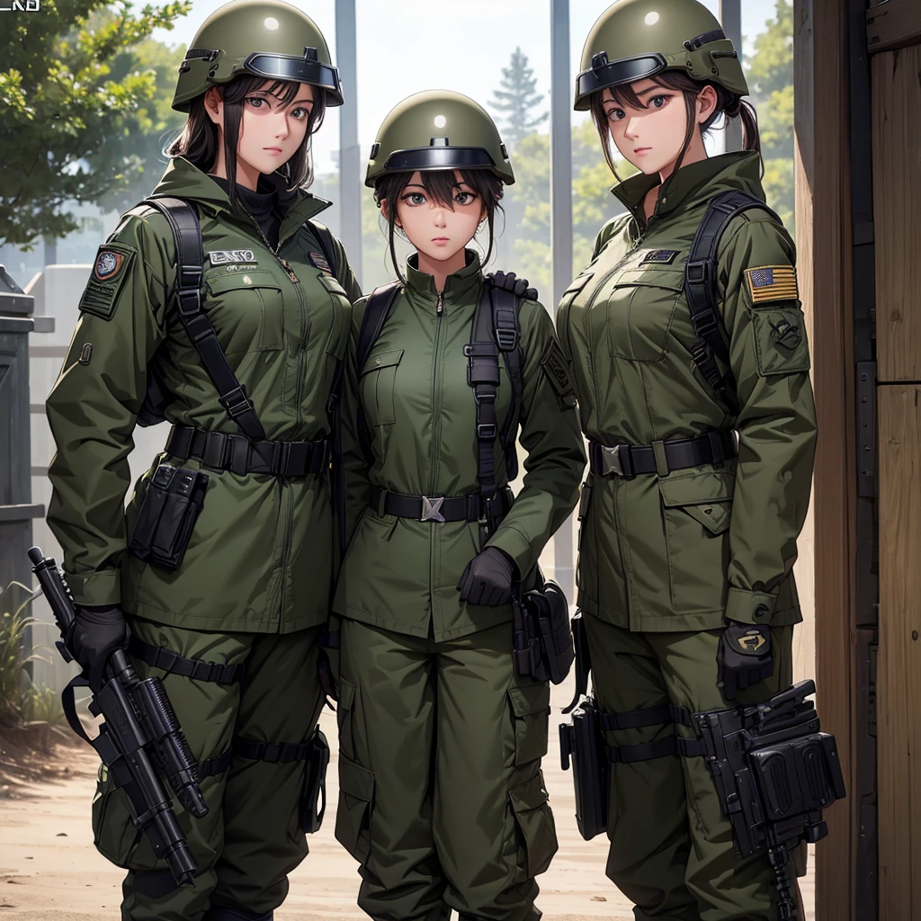 Three female soldiers wearing special forces helmets，Stand at attention、Dark green M51 military uniform、Black zipper、Do not tie up your clothes with military trousers、Magazine Pouch、Tactical harness、Knee pads，Military base gate，Write details、masterpiece、best quality、Highly detailed CG、8K picture quality、theater lighting、lens flare