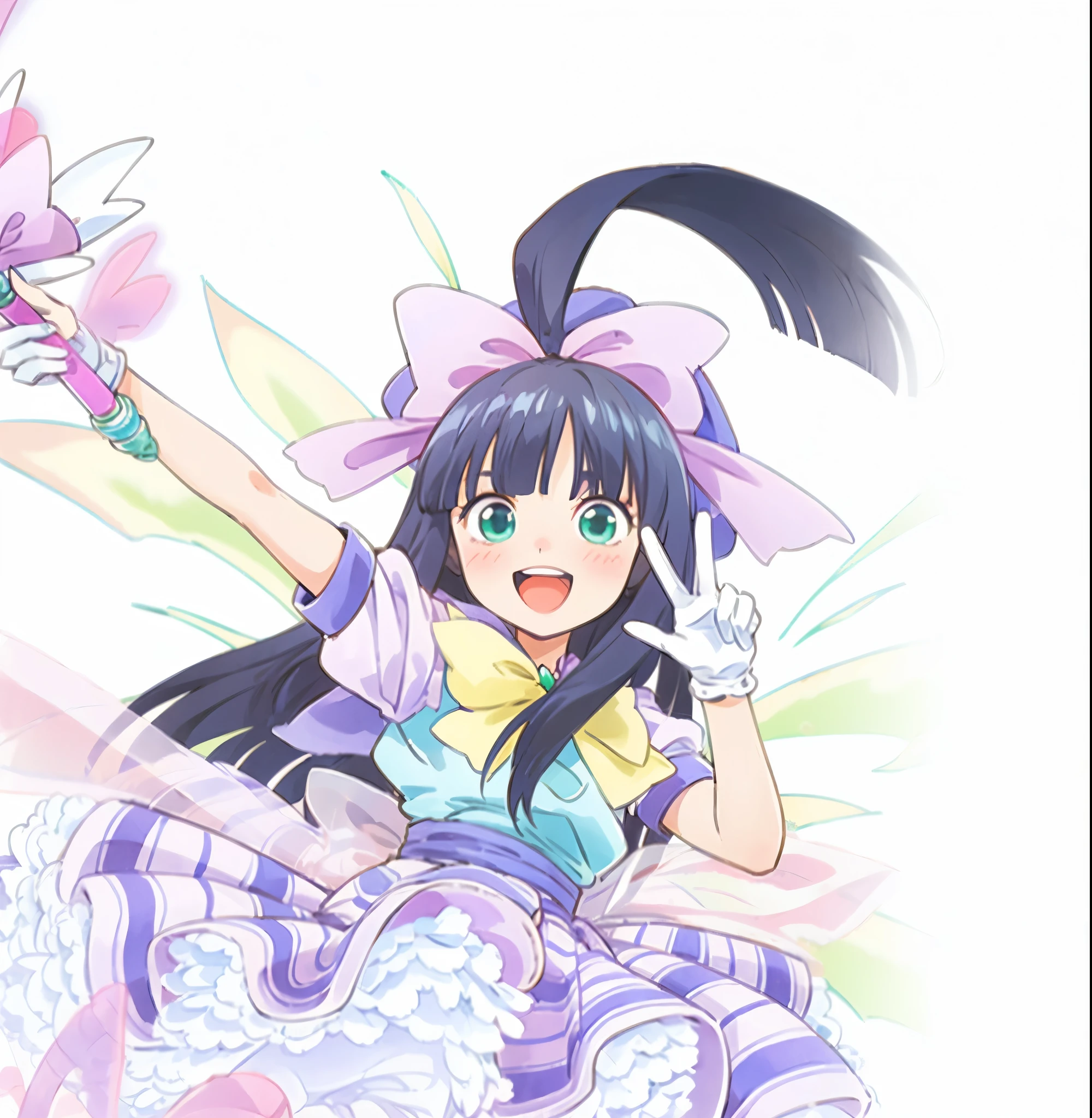 beautiful girl, raiha uesugi, dressed up as a magical girl, lowing black hair, minimal green background, watercolor illustration, disney art style, standing, looking at viewer, simple swimsuit, ,, beautiful, masterpiece, best quality, raiha uesugi, hair ribbon, green dark eyes, green blue eyes, smile, cheery, innocent, cute, 4k