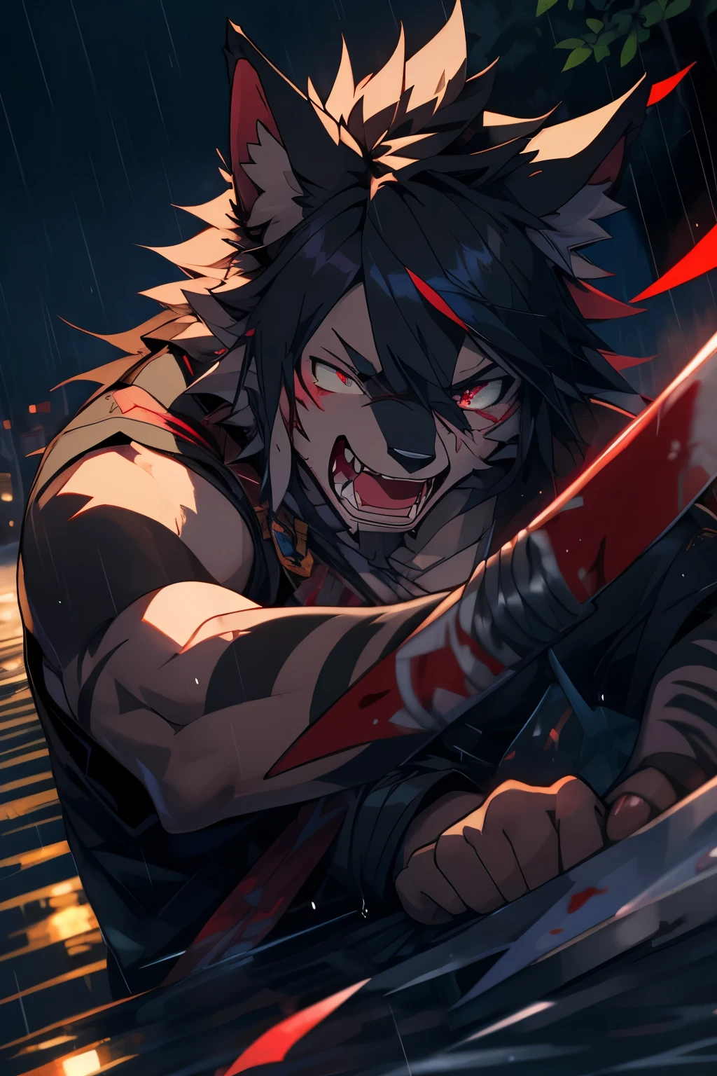 samurai,Yandere,Yandere,Yandere,Yandere,Yandere,Yandere,crazy,((best quality)), ((masterpiece)), (detailed),only male,male focus,bara,perfect face,solo,kemono,night,rainy,thunder,black fur,golden stripes,anthro black wolf,yandere,blood,Lingering,pupil dilation,a dull gaze,Yandere,The clothes were stained red with blood,The body stabbed by a knife was bleeding all over the ground..,The wound on my arm bled a lot,A knife in one hand,crazy,guro