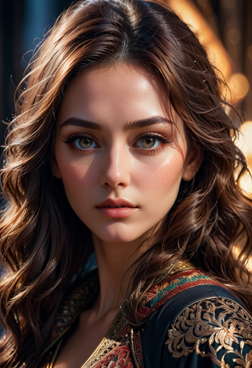 Close-Up of Face, a close-up portrait of a beautiful woman, detailed facial features, intense gaze, flawless skin, intricate details, realistic, photorealistic, 8k, ultra-detailed, masterpiece, cinematic lighting, dramatic shadows, warm color palette, mesmerizing expression