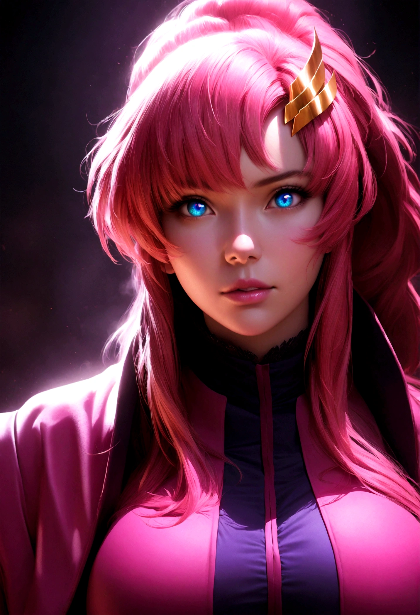 1girl, lacus clyne, gundam, covered gigantic breast, beautiful detailed eyes, beautiful detailed lips, extremely detailed eyes and face, long eyelashes, anime style, realistic rendering, photorealistic, masterpiece, 8k, hyperdetailed, cinematic lighting, dramatic colors, glowing, volumetric lighting, high contrast