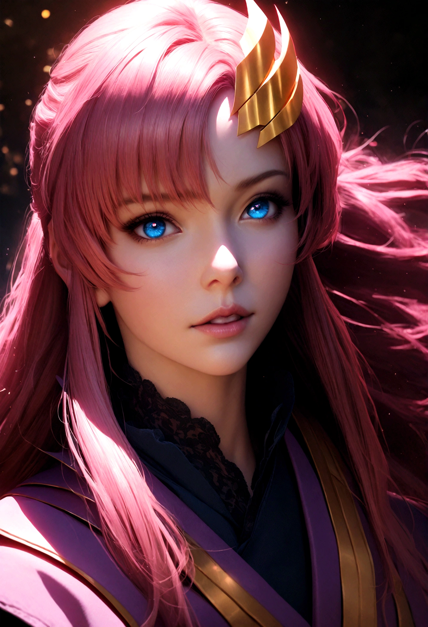 1girl, lacus clyne, gundam, covered gigantic breast, beautiful detailed eyes, beautiful detailed lips, extremely detailed eyes and face, long eyelashes, anime style, realistic rendering, photorealistic, masterpiece, 8k, hyperdetailed, cinematic lighting, dramatic colors, glowing, volumetric lighting, high contrast