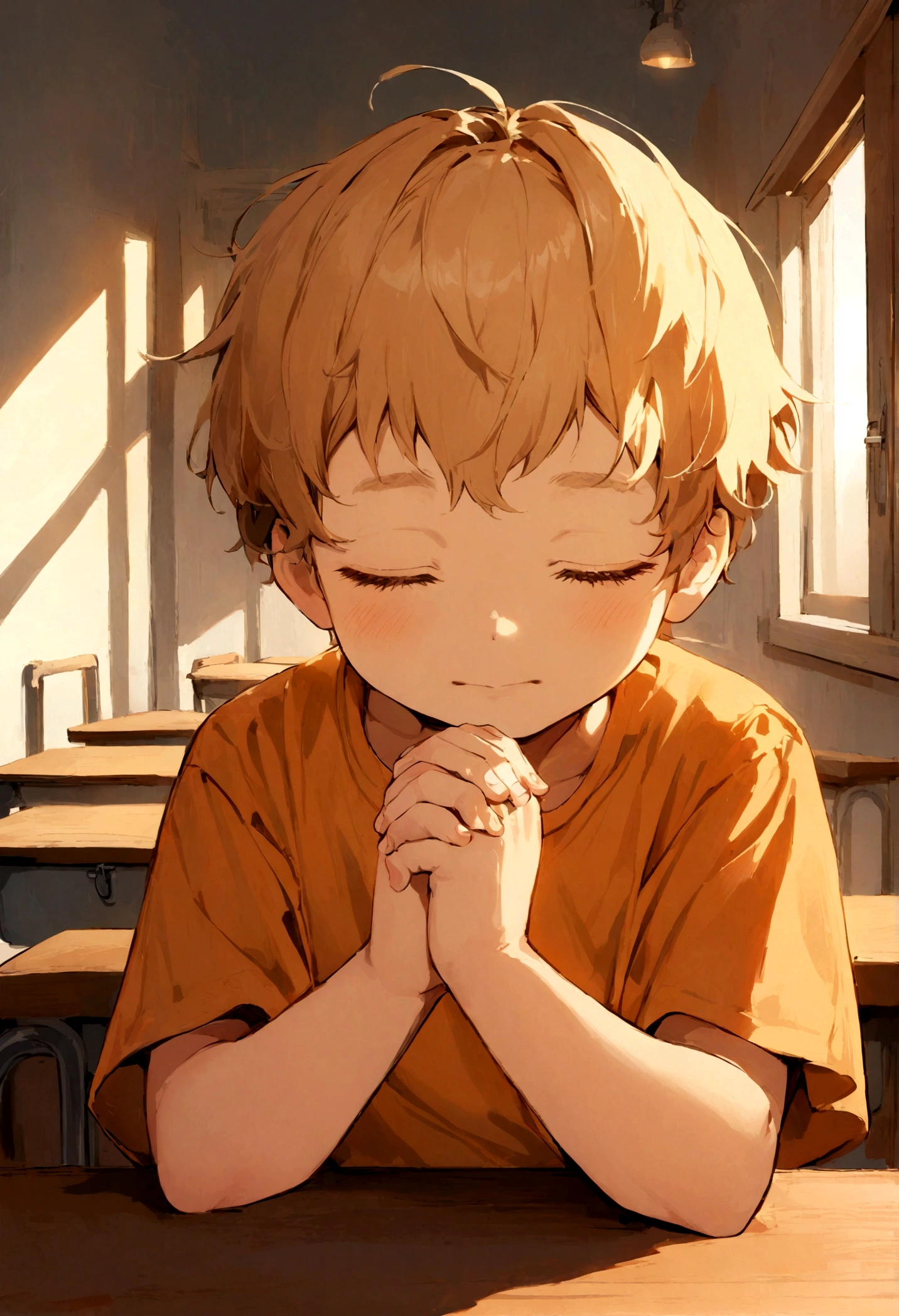A cute 9--old  named Alex Janny wearing an orange t-shirt sitting in the classroom and praying silently with his eyes closed, hands crossed while praying