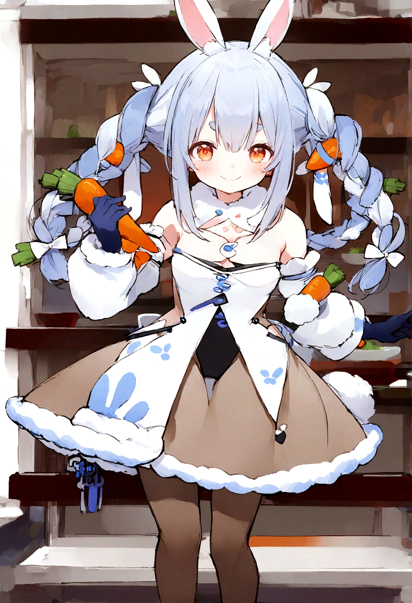 Illustration, 4K, 8K, (High quality:1.1),1girl in, ​masterpiece,top-quality, white bow、Cowboy Shots,cafe, PekoraBase, smiling, holding carrot, orange eyes, thick eyebrows, rabbit ears, two-tone hair, blue hair, white hair, long hair, twin braids, hair ornament, fur collar, white dress, fur-trimmed dress, bare shoulders, black leotard, strapless, cleavage, detached sleeves, puffy short sleeves, black gloves, black pantyhose