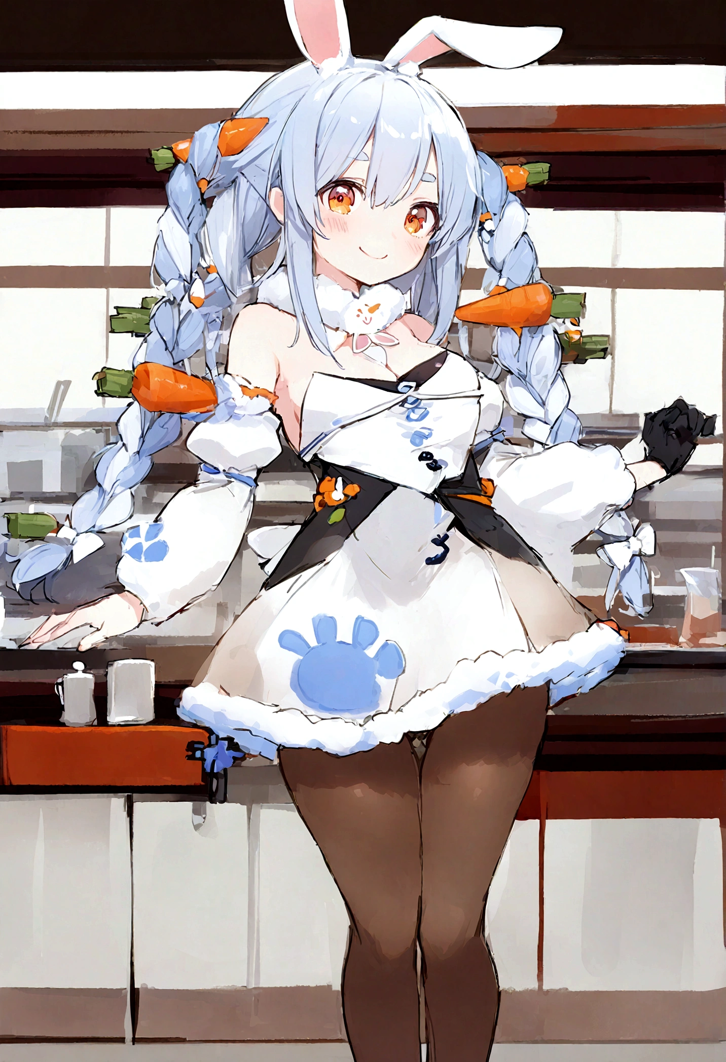 Illustration, 4K, 8K, (High quality:1.1),1girl in, ​masterpiece,top-quality, white bow、Cowboy Shots,cafe, PekoraBase, smiling, holding carrot, orange eyes, thick eyebrows, rabbit ears, two-tone hair, blue hair, white hair, long hair, twin braids, hair ornament, fur collar, white dress, fur-trimmed dress, bare shoulders, black leotard, strapless, cleavage, detached sleeves, puffy short sleeves, black gloves, black pantyhose