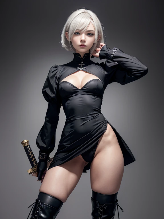 8K,Masterpiece,One woman,(Combat pose),Holding a Japanese sword,Smile,30 years old,blue eyes,White Hair,Short Bob Hair,(Gothic ta),Dutch beauty,Ella Freya(Ella Freya),(White panties),2b, short hair, Knee socks, gloves, Long sleeve, dress, Slender figure, Cleavage, Small breasts, Gray Hair, hair band, boots, Puffy sleeves, black Knee socks, Black footwear, Mole, black dress, High heels, leotard, Clothing cutouts, thigh boots, Cleavage cutout, black hair band, Juliet Sleeve, high heel boots,Contrapposto,Dynamic Angle
