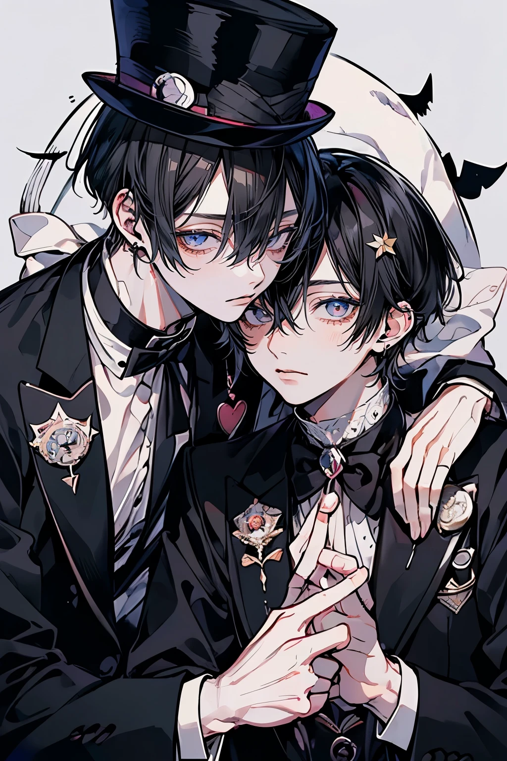 (Mastepiece), (Best Quality), Very detailed, ((Two intimate men:1.5)), Perfect Face, Beautiful Face, Very detailedな顔,(Black-haired man:1.3),Thief、White suit、White Top Hat、Monocle、Trump、White Moon