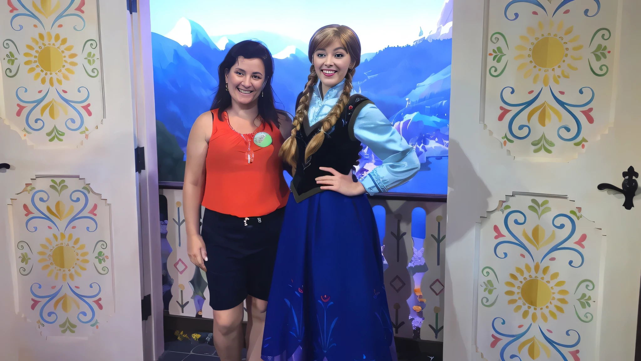 there are two women standing in front of a door with a dress on, anna, disney artist, in disney, disney 8 k photo, elsa, wax figure, at california adventure, exclusive, disney fantasy style, myself, frozen, inspired by disney, summer season, disney character, sarah, with tiny people, not cropped, heidi, inspired by Walt Disney, amazing!