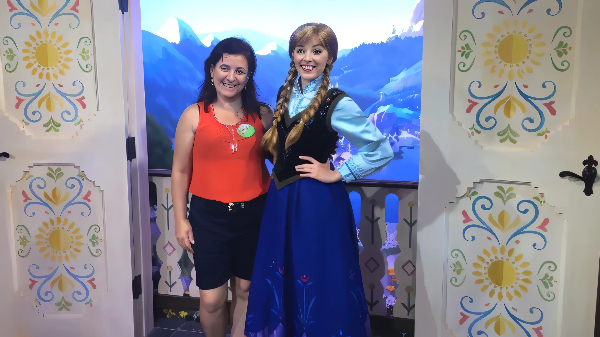 there are two women standing in front of a door with a dress on, anna, disney artist, in disney, disney 8 k photo, elsa, wax figure, at california adventure, exclusive, disney fantasy style, myself, frozen, inspired by disney, summer season, disney character, sarah, with tiny people, not cropped, heidi, inspired by Walt Disney, amazing!