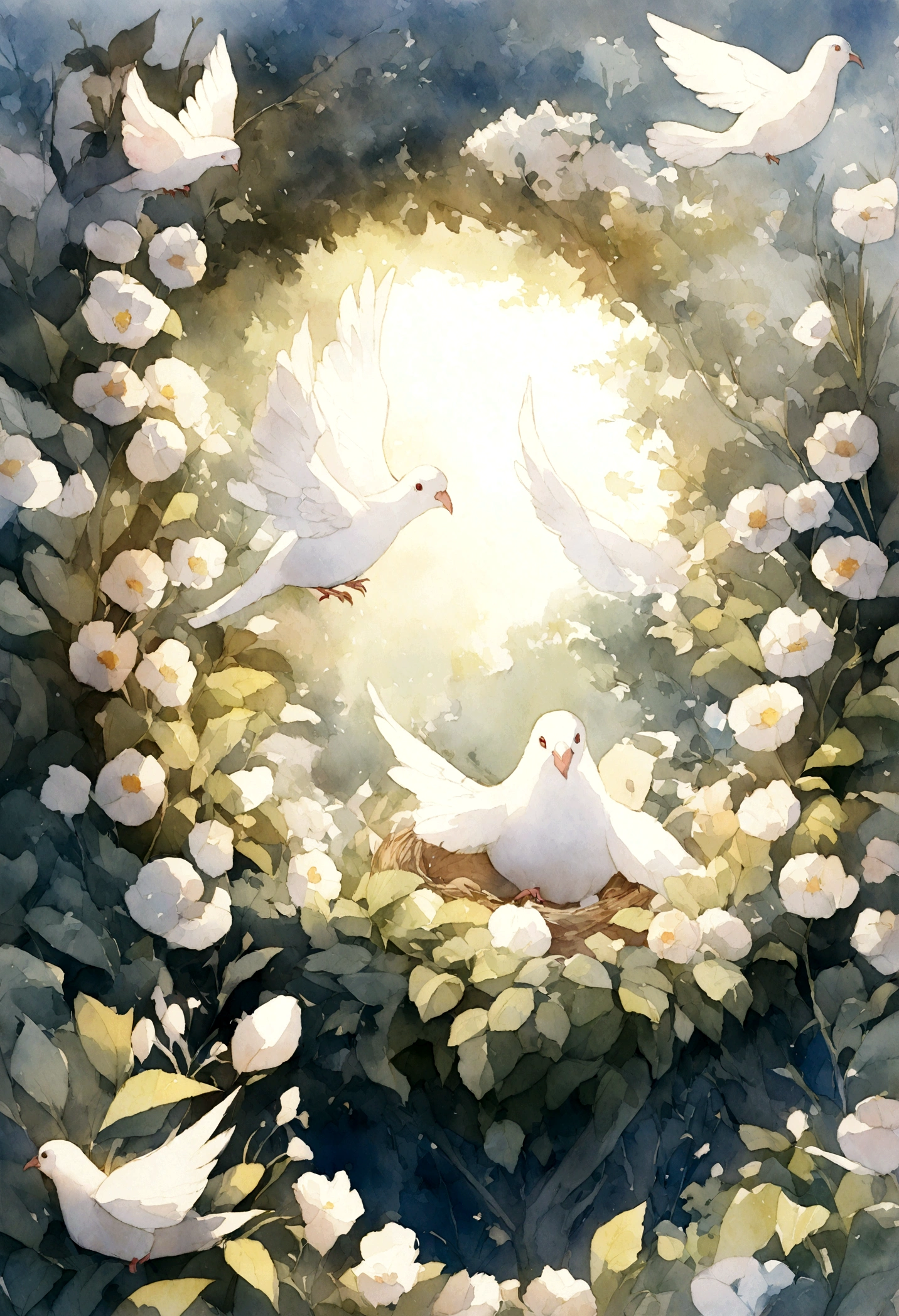 A beautiful watercolor illustration of a white dove in its nest, with a beautiful garden in the background.