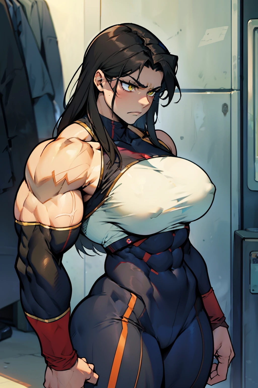 huge muscles huge breasts huge thighs pale skin black hair yellow eyes very long hair muscular girl disappointed disappointed disappointed disappointed skintight