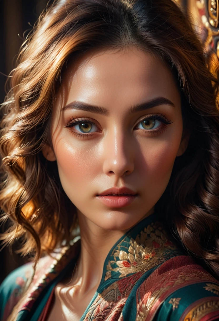 Close-Up of Face, a close-up portrait of a beautiful woman, detailed facial features, intense gaze, flawless skin, intricate details, realistic, photorealistic, 8k, ultra-detailed, masterpiece, cinematic lighting, dramatic shadows, warm color palette, mesmerizing expression