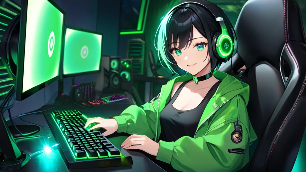 The tomboyish girl, with her short black hair, dons a simple green techno jacket atop a black tank top and long black jeans. Her stunning aqua eyes, adorned with pupils, are complemented by a choker and black headphones featuring green LEDs. Seated on a green and black gaming chair in front of a monitor and keyboard glowing with green LEDs, she closes her eyes and smiles beautifully. She radiates maturity, intelligence, and elegant beauty.