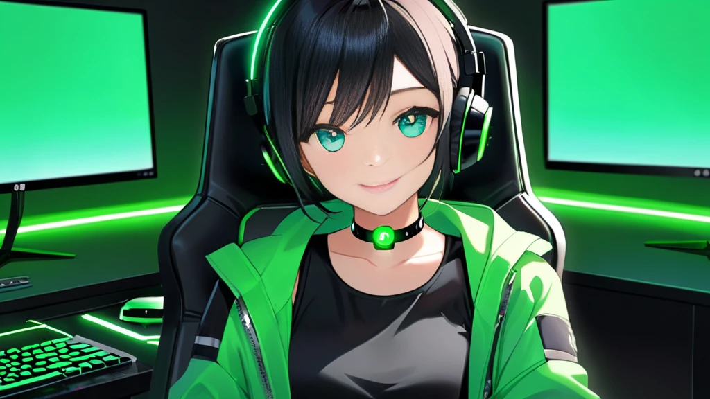 The tomboyish girl, with her short black hair, dons a simple green techno jacket atop a black tank top and long black jeans. Her stunning aqua eyes, adorned with pupils, are complemented by a choker and black headphones featuring green LEDs. Seated on a green and black gaming chair in front of a monitor and keyboard glowing with green LEDs, she closes her eyes and smiles beautifully. She radiates maturity, intelligence, and elegant beauty.