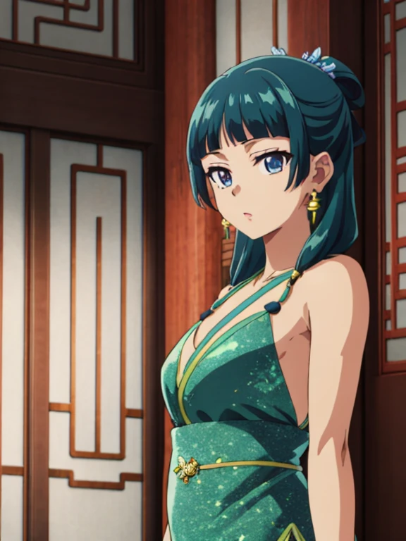 Top quality (8k, high resolution, masterpiece: 1.2), super detailed, anime art style, dynamic angle, teen style, (Chinese dress, exposed shoulders, earrings, indoor,), detailed green hair, detailed blue eyes, intricate hairstyle, long hair , slim body, sparkling eyes, youthful, hair accessories, earrings, half-updo, slightly dull bangs, detailed lighting, bright colors, looking at the viewer, in the center of the image, cowboy shot,