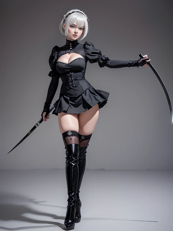 8K,Masterpiece,One woman,(Combat pose),Holding a naginata,Smile,30 years old,blue eyes,White Hair,Short Bob Hair,(Gothic ta),Dutch beauty,Ella Freya(Ella Freya),(White panties),2b, short hair, Knee socks, gloves, Long sleeve, dress, Slender figure, Cleavage, Small breasts, Gray Hair, hair band, boots, Puffy sleeves, black Knee socks, Black footwear, Mole, black dress, High heels, leotard, Clothing cutouts, thigh boots, Cleavage cutout, black hair band, Juliet Sleeve, high heel boots,Contrapposto,Dynamic Angle
