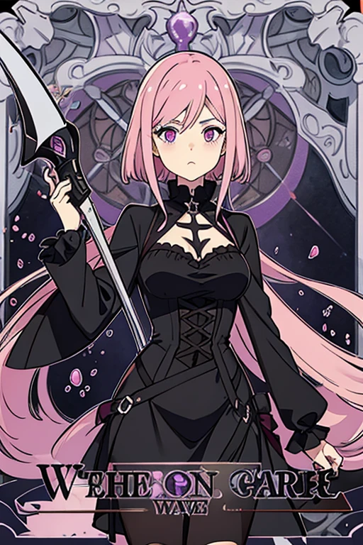 A pink haired female reaper with violet eyes and an hourglass figure in a gothic dress is holding a scythe 