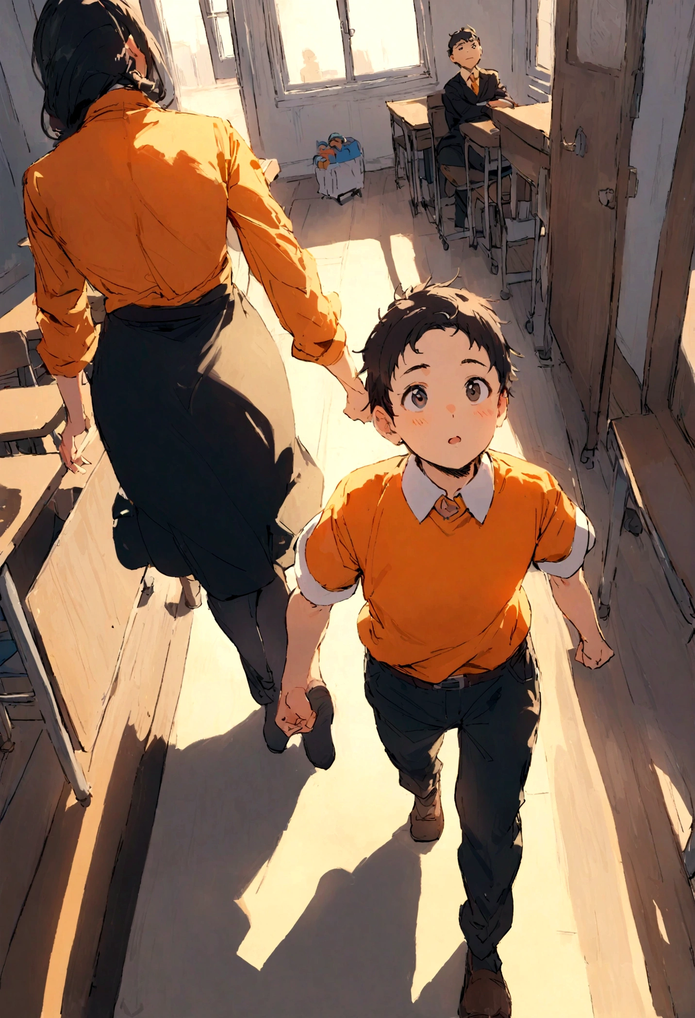 A cute 9-year-old boy named Alex Janny wearing an orange t-shirt sitting in the classroom looking up and seeing the teacher, a woman in her 30s wearing a professional outfit, walking towards him