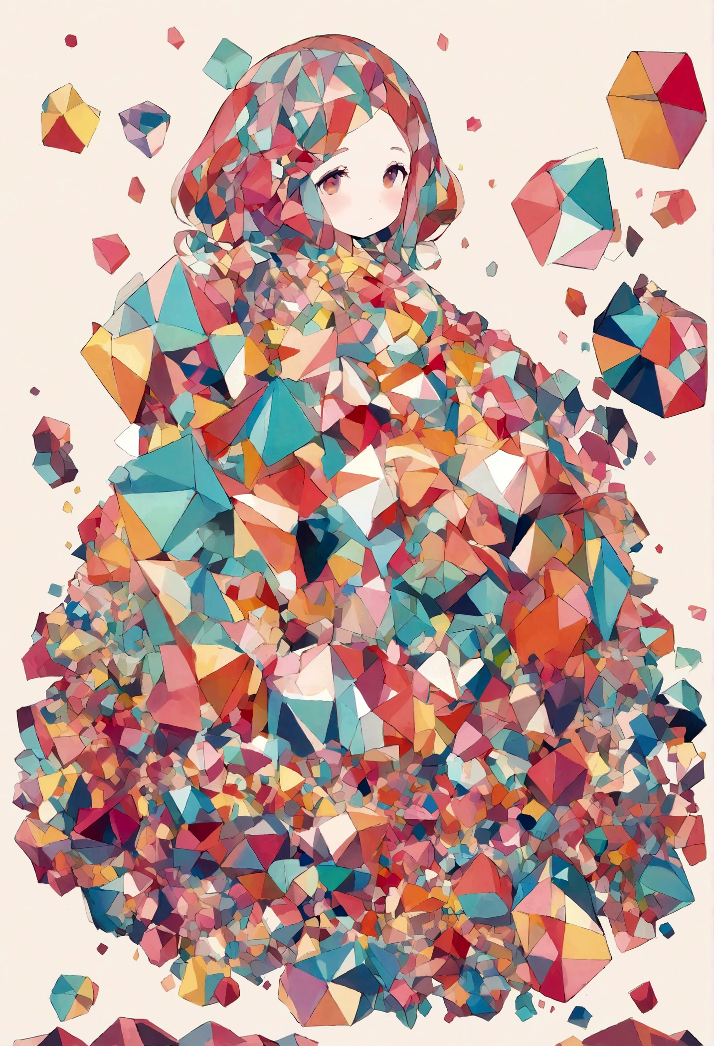 female figure composed entirely of cubes in various sizes, geometric shapes