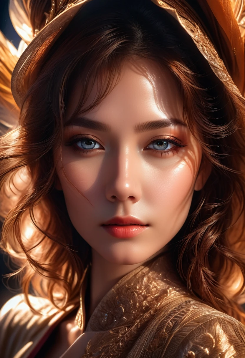 Close-Up of Face, a close-up portrait of a beautiful woman, detailed facial features, intense gaze, flawless skin, intricate details, realistic, photorealistic, 8k, ultra-detailed, masterpiece, cinematic lighting, dramatic shadows, warm color palette, mesmerizing expression