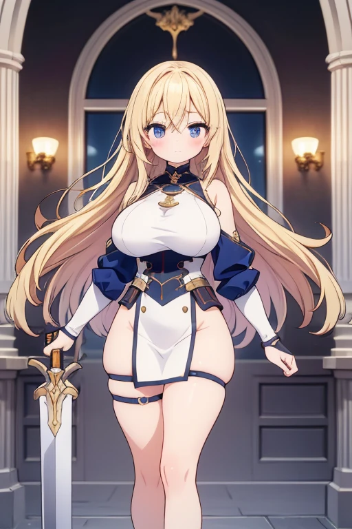 (masterpiece), (highest quality), ((Super detailed))、(super delicate)、Cute naughty knight armor girl、Pastel colors hair、(large breasts:1.2, Thighs:1.2, thick legs:1.2, curvy:1.2)、Gorgeous、blonde hair, hair down, bangs between eyes, long hair, (naked), standard height, (blush:1.2, expressionless), holding sword, Wear iron armor