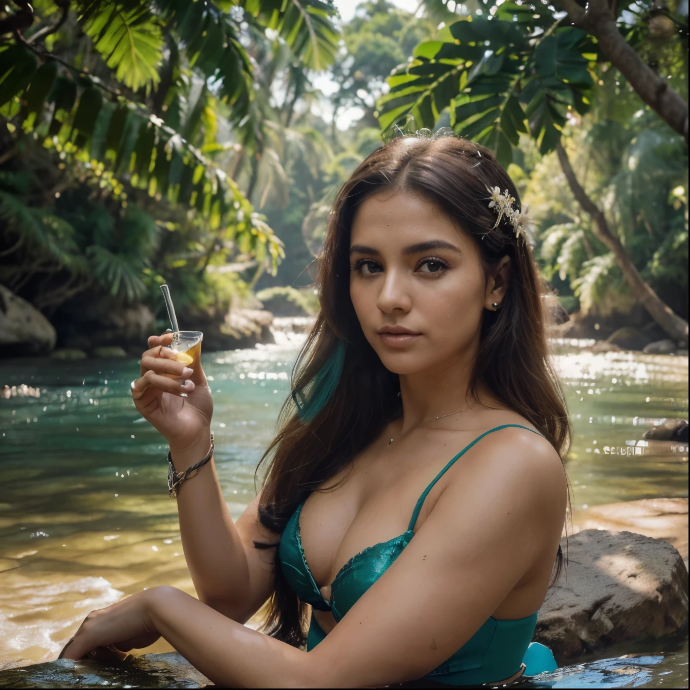 CRU, analog, Nikon Z 85mm, award-winning glamor fotografia,((melhor qualidade)), ((Obra de arte)), ((realista)), ((Iara's Enchanted Cachaça)) 
((Lenda da Iara)):18th century, imagem antiga, The central image of the label presents the ((Iara)) , the seductive mermaid of Brazilian waters. ((She is sitting on a rock by the river, com longos cabelos negros e olhos hipnotizantes. Suas escamas brilham com tons de verde e azul, and she holds a glass of cachaça in one hand while playing a magic flute with the other)) . usando uma coroa de flores, 35 anos de idade, (longos cabelos castanhos), olhos castanhos, ????? muito grandes e perky, sentada em uma rocha com uma cachoeira e floresta ao fundo, , ((????? grandes:1.2)), inocente , pedais de flores no ar, detalhes intrincados, altamente detalhado, sharp focus, Profissional, 4k, flores da primavera desabrochando, raios divinos, hand model, olhos deslumbrantes, Pequeno, delicado, inocente, high resolution, detailed facial features, alto detalhe , sharp focus, Suave , aesthetics, extremamente detalhado, foto_\(ultra\), fotorrealista, realista, Post-processing, maximum details, rugosidade, Vida real, ultra realista, Fotorrealismo, fotografia, 8K HD, fotografia, leve SEM-Silhueta, CACHAÇA LABEL. 