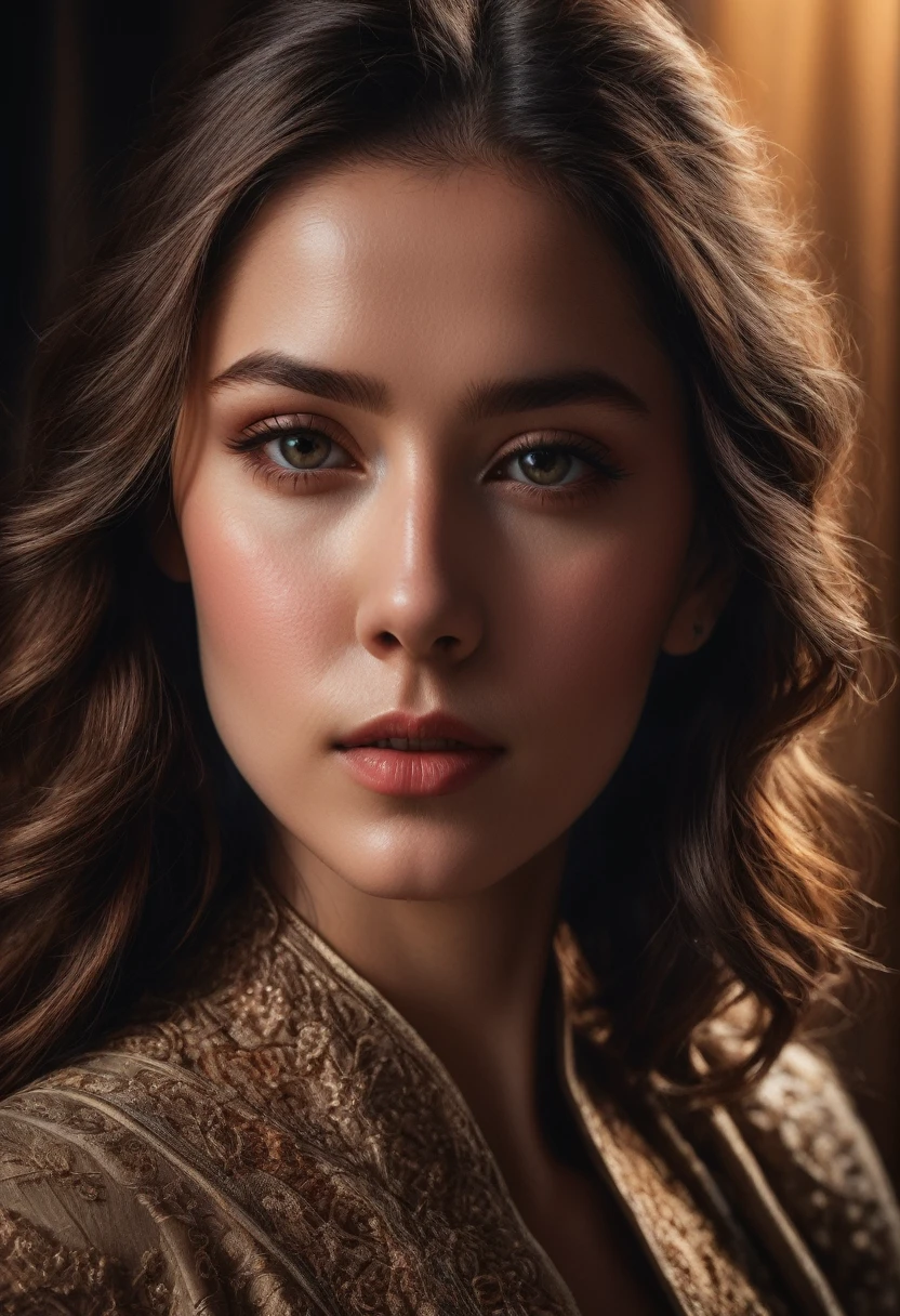 Close-Up of Face, a close-up portrait of a beautiful woman, detailed facial features, intense gaze, flawless skin, intricate details, realistic, photorealistic, 8k, ultra-detailed, masterpiece, cinematic lighting, dramatic shadows, warm color palette, mesmerizing expression
