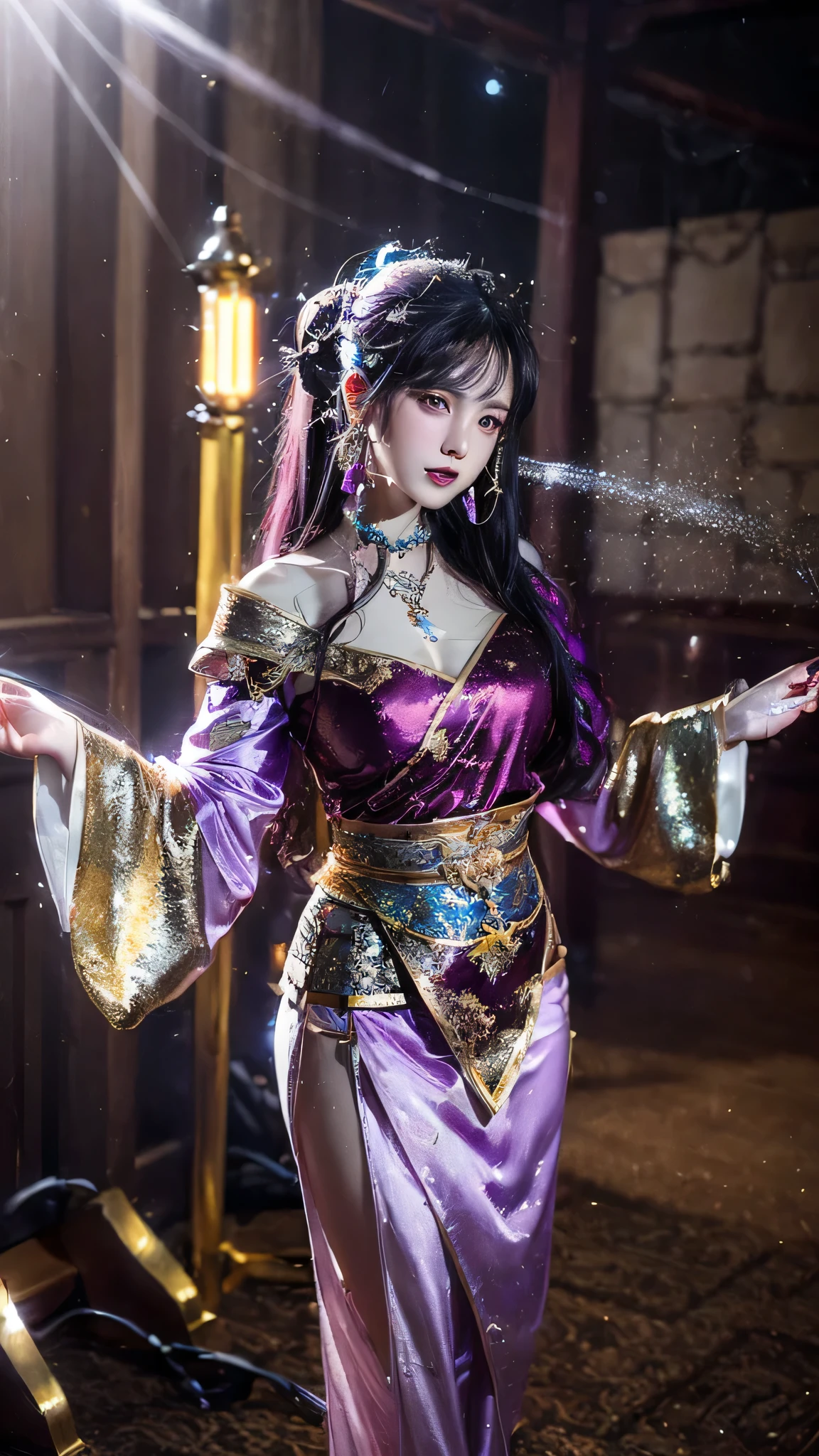 1 beautiful girl in Han dress, ((A purple silk shirt with some gold glittering on it.,The texture is full.)), Dressed in gleaming gold and silver armor., Long red-brown platinum ponytail., decorations, ear decorations, Necklaces and necklaces, Meticulously draw large purple eyes., Detailed makeup, Thin eyebrows, high nose, beautiful red lips, No smile., Pursing your lips, rosy cheeks, wide chest, big breasts, proportional breasts, Thin waist, Black socks embroidered with a swan pattern with sparkling gold thread.,Hand holding a silver spear with a delicate gold pattern., Hanfu Chinese style, fictional art textures, Vivid and realistic colors, raw photos, Realistic photos, Ultra high quality 8K surreal photos, (Powerful fantasy lighting effects: 1.8), 10x pixels, Magical effect (background): 1.8), Eyes with too much detail, full body image of girl , Background of the Chinese dynasty, dynamic poses