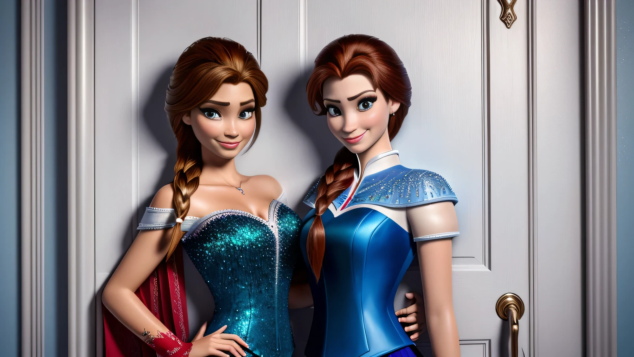 There is a beautiful Brazilian woman in front of a door with a red blouse and dark blue shorts, next to the character Anna from Frozen, disney artist, at disney, 8k photo of disney, Elsa from Frozen, at the adventurous Disney Orlando, exclusive, style Disney costume, Frozen, inspired by Disney, summer season, Disney character, in Walt Disney, incredible!
The Brazilian woman is wearing formal clothes, a red shirt and dark blue shorts.
A beautiful Brazilian woman, with white skin, dark brown hair. She is around 40 years old, 165 cm tall and weighs 56 kg. Her body exudes glamor and her face is a definition of beauty. Slender body, thin waist. Highly realistic, hyperrealism, very elaborate skin. Clear photo, high resolution, high quality, masterpiece, 16K photo, high contrast, masterpiece, NUDE, NUDITY, NFSW.