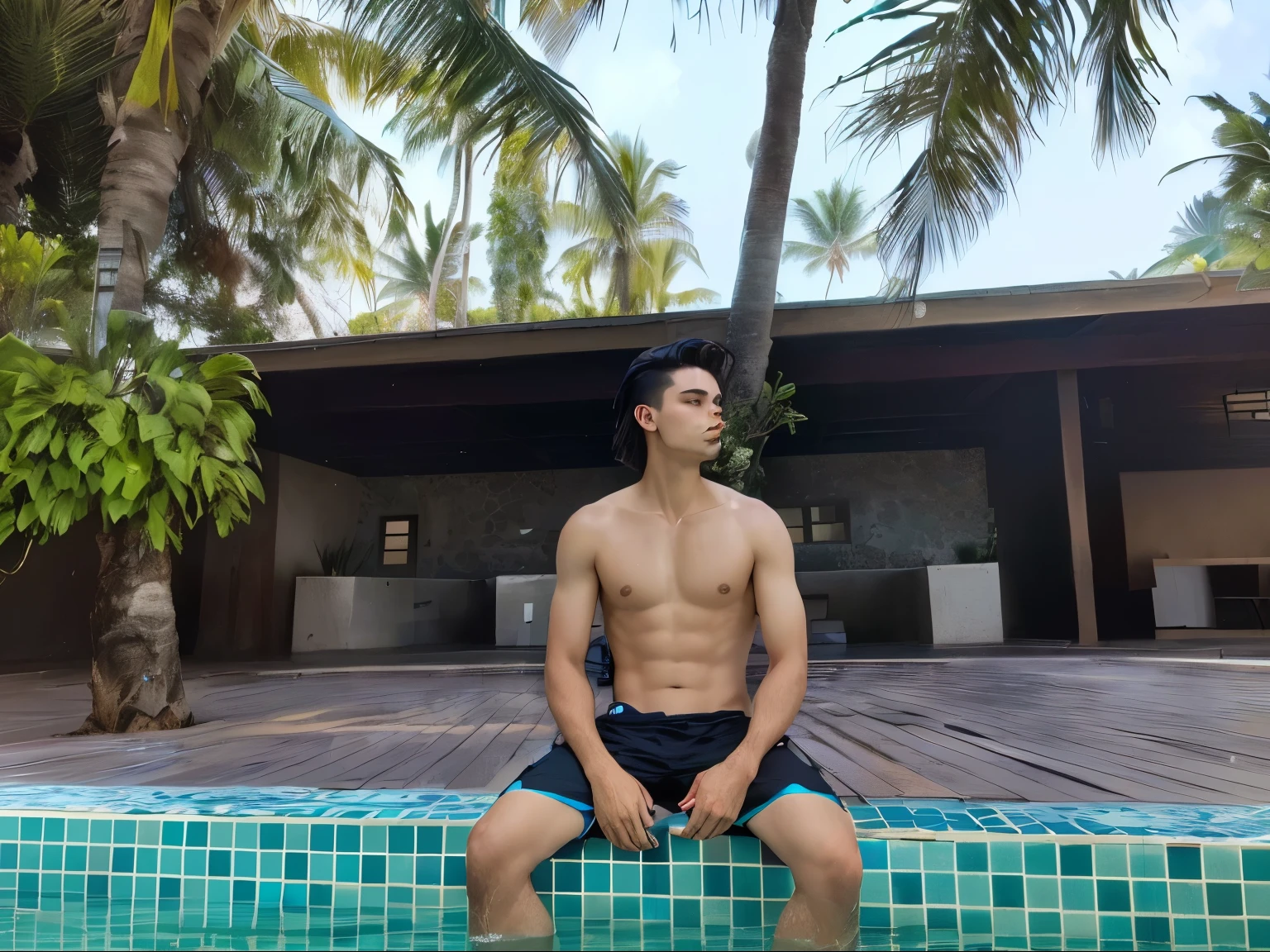 there is a man sitting on a pool edge in the water, sitting in the pool, sitting at the edge of pool, squatting down next to a pool, sit on the edge of swimming pool, next to a pool, paradise in the background, next to a tropical pool, inspired by Adam Dario Keel, doing a hot majestic pose, with palm trees in the back