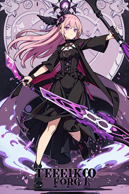 A pink haired female reaper with violet eyes and an hourglass figure in a gothic dress is spinning a scythe