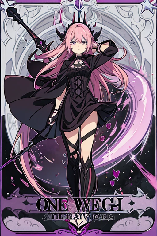 A pink haired female with violet eyes with an hourglass figure in a black Gothic suit is spinning her scythe in the underworld