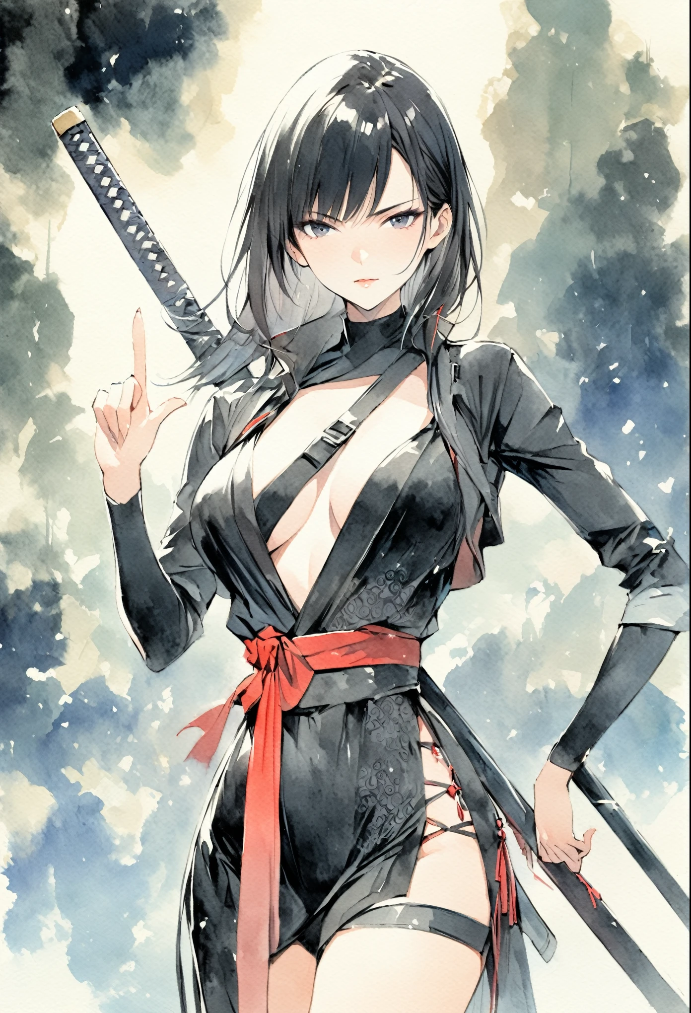 masterpiece, Best quality, Drawing of a black-haired futuristic female ninja illustration, watercolor (medium), 1girl, breast, Dressed in sophisticated modern ninja costumes，Equipped with traditional and technological weapons. She has long black hair，Tied with a red ribbon and a symbol。She must be wearing a high-end black outfit with red accents，These include letters. She was holding a sword，The hilt and scabbard have intricate patterns. The background is the Edo period, Five fingers, The index finger of the right hand points to the sky.