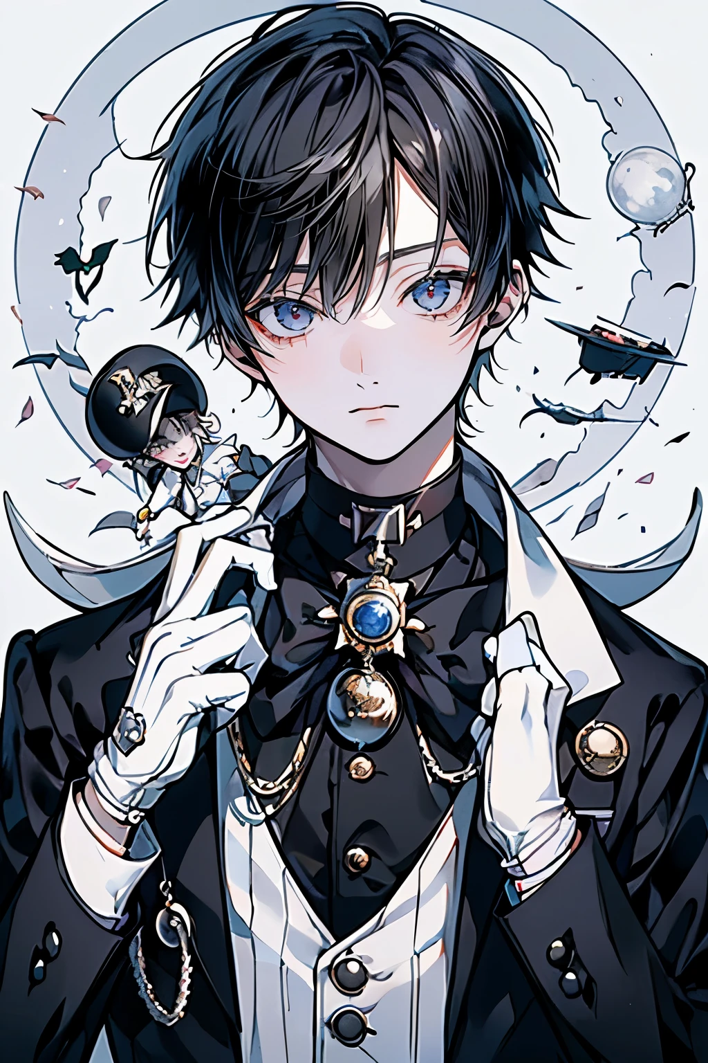 (Mastepiece), (Best Quality), Very detailed, ((17 year old boy:1.5)), Perfect Face, Beautiful Face, Very detailedな顔,Black Hair、Short Hair,Thief、White suit、White Top Hat、White gloves、Monocle、Trump、White Moon