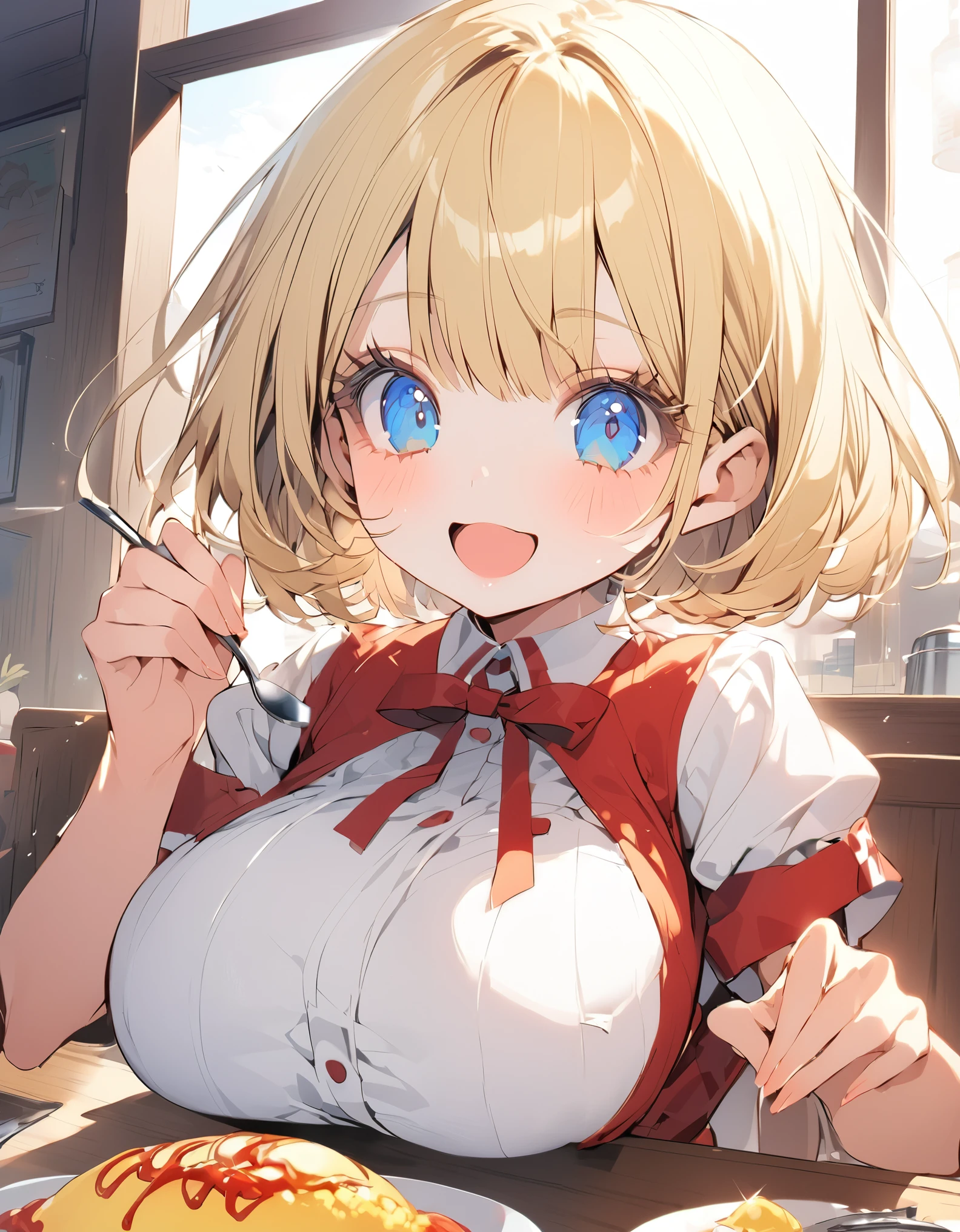 Eat omurice at a restaurant (Original uniform), (***********), (blonde:1.5）(eyelash:1.2) (Short Bob Hair:1.4), (Blue eyes)(Big Breasts:1.3)Fixes　Perfect Fingers
