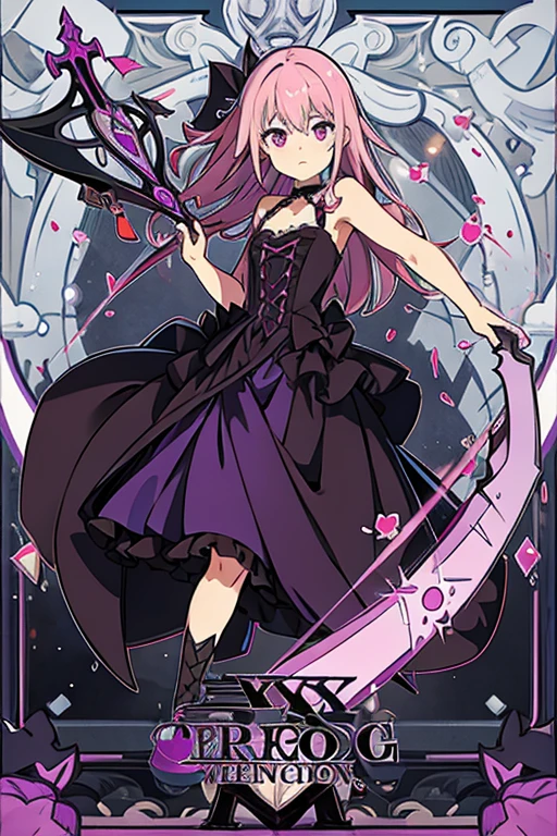 A pink haired female reaper with violet eyes and an hourglass figure in a gothic dress is spinning a scythe