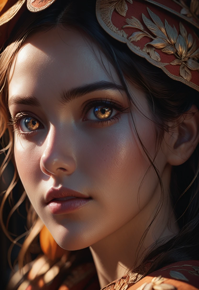 Close-Up of Face, a close-up portrait of a beautiful woman, detailed facial features, intense gaze, flawless skin, intricate details, realistic, photorealistic, 8k, ultra-detailed, masterpiece, cinematic lighting, dramatic shadows, warm color palette, mesmerizing expression