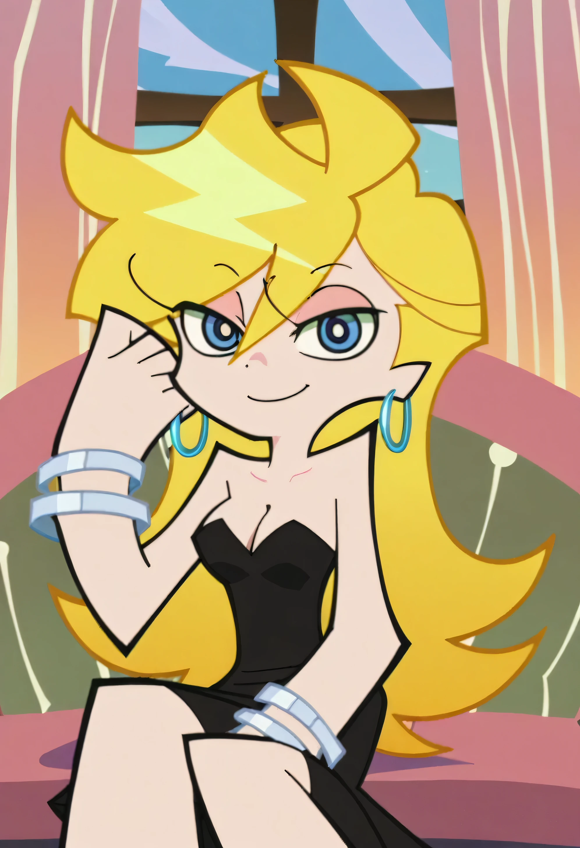 p&s style, rating_safe, score_10, sharp, anime screencap, flat shadows, flat colors, panty, blonde hair, strapless, little black sleeveless, dress, hoop earrings, sliver bracelets, bare shoulders, cleavage, panty’s indoor bedroom, a chair, curtains, outdoor window of night skies, smile, blue eyes, sitting down on her sofa, in the center, looking at viewer, 1 girl, solo,
