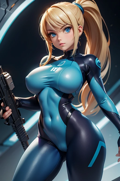 (masterpiece), best quality, expressive eyes, perfect face, (alien spaceship background), (posing), (serious look), (closeup view), (1girl, age 18+, Margot Robbie, fair skin, blonde hair, long hair, ponytail hairstyle, blue eyes, hourglass figure, thin body, skinny body, large breasts, huge breasts, oppai, wide hips, thick thighs), (samus aran zero suit outfit, aqua_blue skin tight body suit, cameltoe, laser gun in hand),