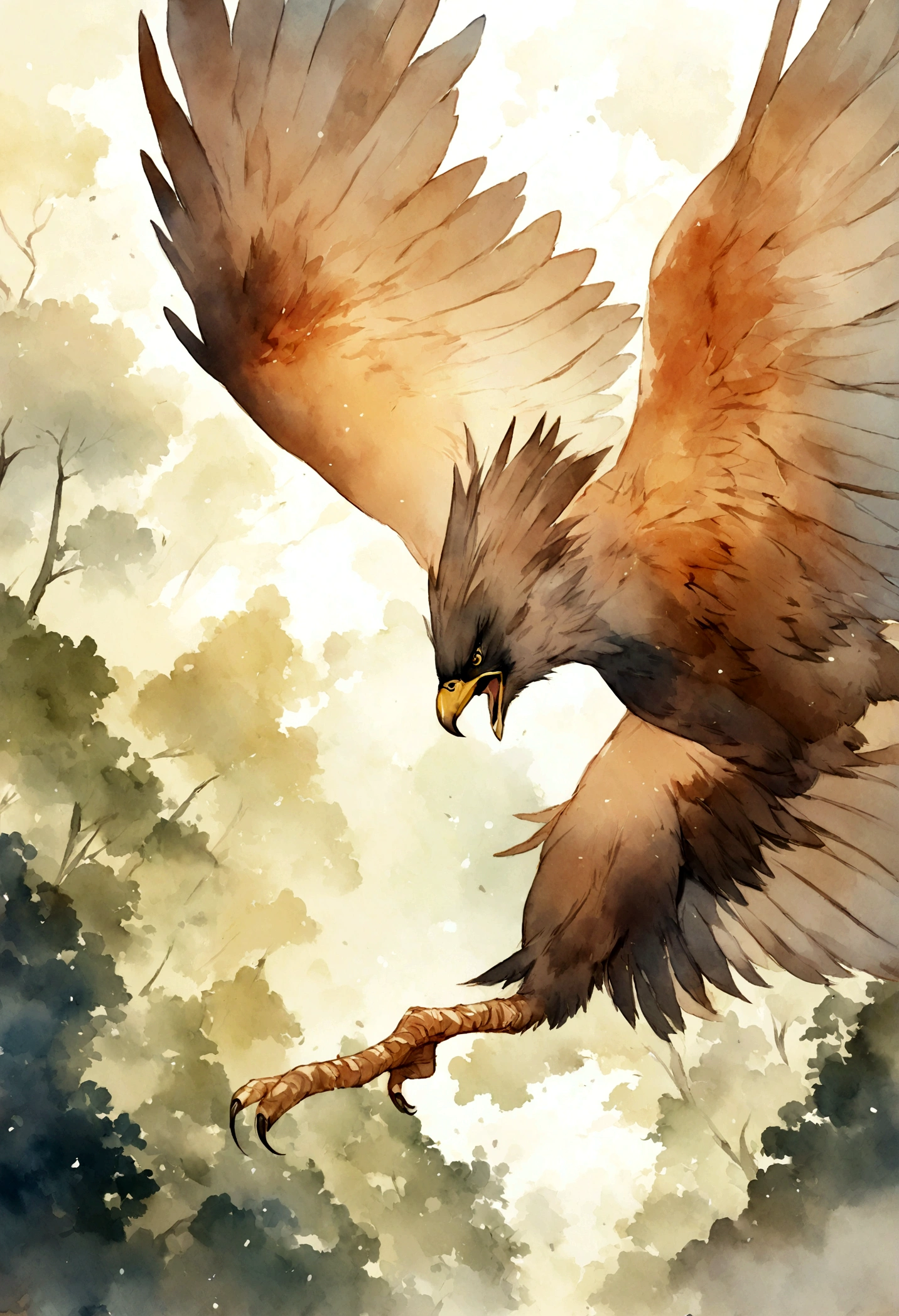 A beautiful watercolor illustration of a furious hawk in a forest